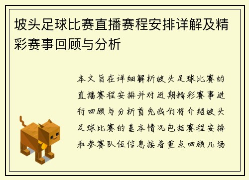 坡头足球比赛直播赛程安排详解及精彩赛事回顾与分析
